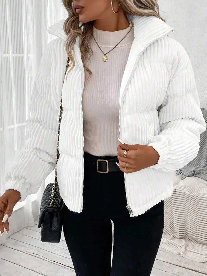 White ribbed corduroy puffer jacket with a hood and zipper closure for plus size women winter coat.