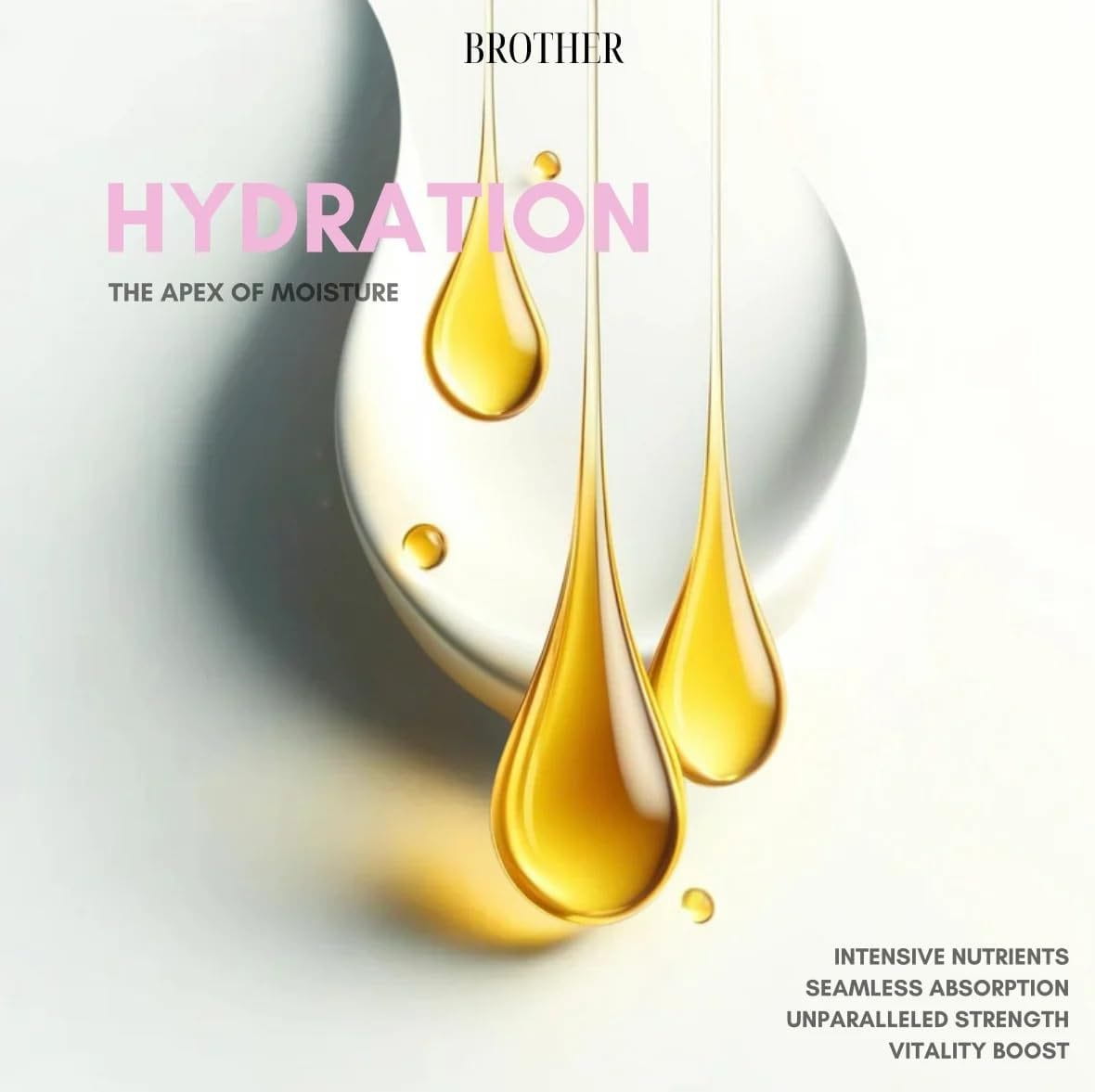 golden liquid droplets of nail growth oil for strength and moisture hang elegantly against a minimalist white background evoking the essence of hydration.