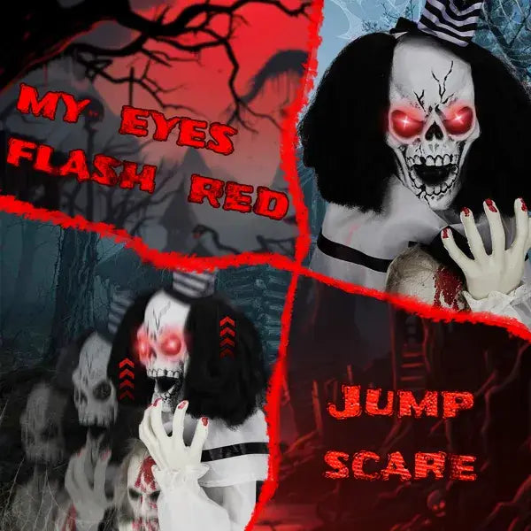 A scary clown Halloween decoration 1.8ft tall featuring a skull with glowing red eyes and black hair dressed in a white outfit with black stripes and sound activation.