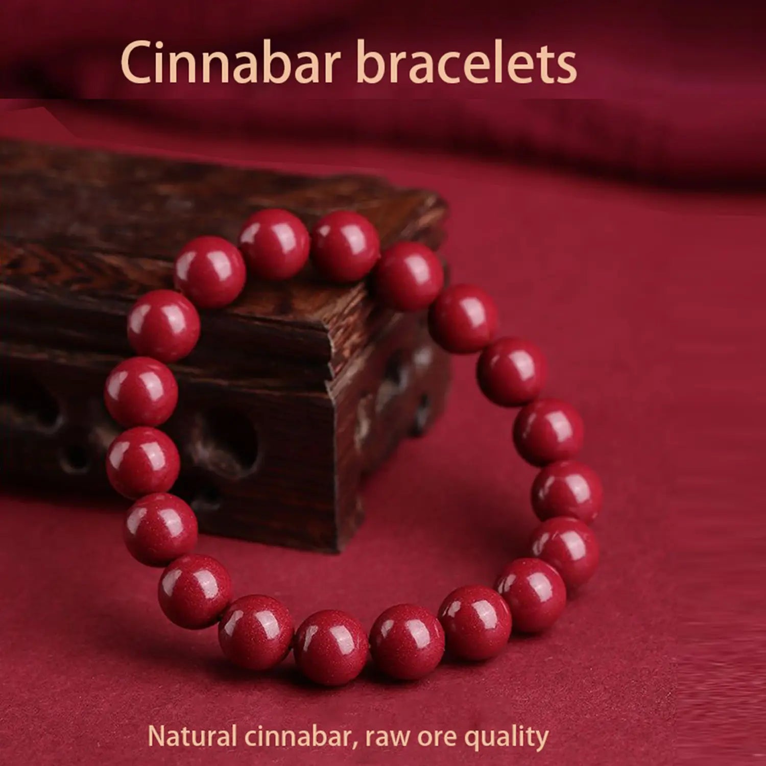 A polished red cinnabar spherical bead bracelet made from vibrant natural raw ore.
