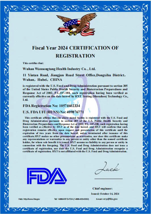 Zertifikat der offiziellen FDA-Registrierung mit blauem Rahmen für Wuhan Wansongtang Health Industry Co. Ltd., das den Premium-Yunnan-Reif-Puer-Tee 500 g Gesundheitsvorsorge-Teekuchen bescheinigt.