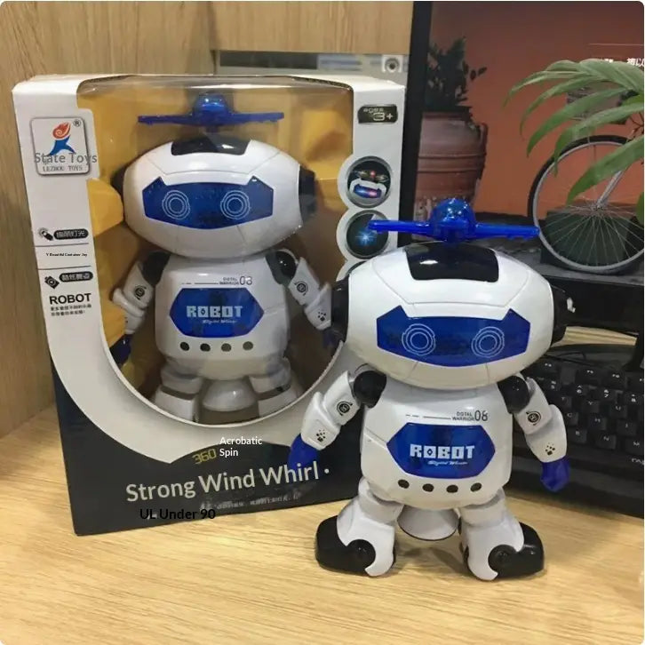 White and blue dance robot toy with black accents featuring a helmet-like head with circular eye designs and articulated limbs with LED lights and music capabilities.