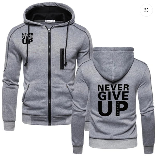 Hoodie contrasté zippé « never give up » pour hommes, gris, avec doublure intérieure noire et lettrage noir audacieux à l’avant et à l’arrière, visible depuis la face arrière.