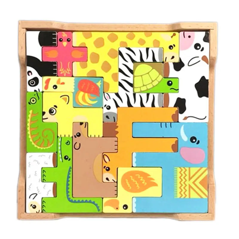 colorful wooden animal puzzle maze stacking blocks toy displayed in a light wood tray showcasing vibrant interlocking pieces.