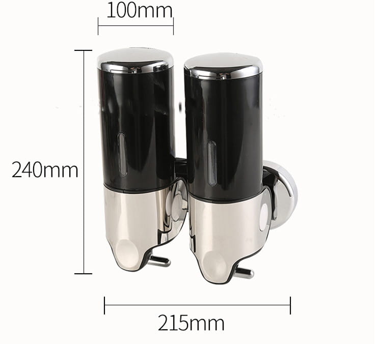 Black and chrome wall mounted soap dispenser with a sleek cylindrical design and abs pump for convenient use.