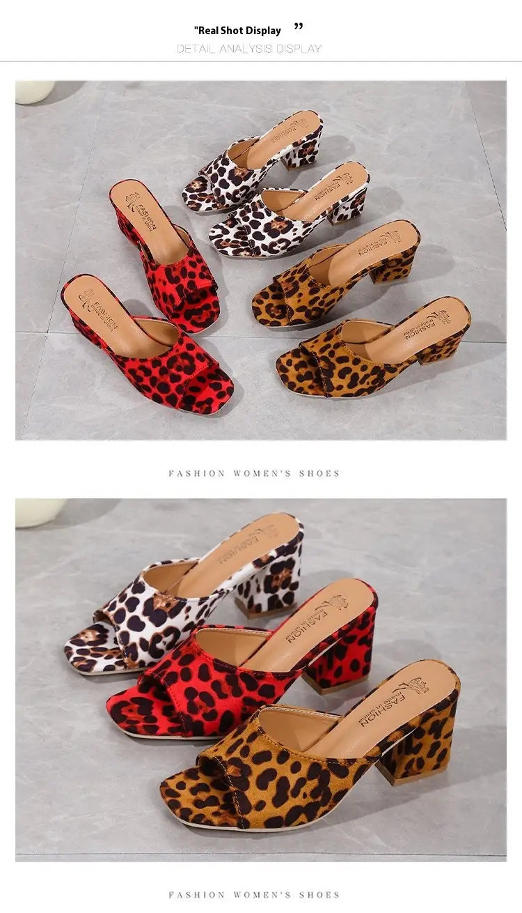 leopard square toe chunky heel mule sandals in red white and tan with leopard print and block heels