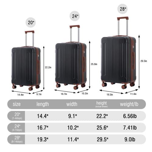 black hard-shell abs spinner luggage set with brown accents and silver handles in 20, 24, and 28 inch sizes featuring tsa lock security