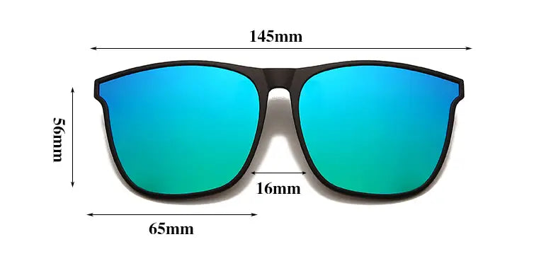 Black-framed polarized gradient photochromic magnetic clip on sunglasses with blue-to-teal mirrored lenses.