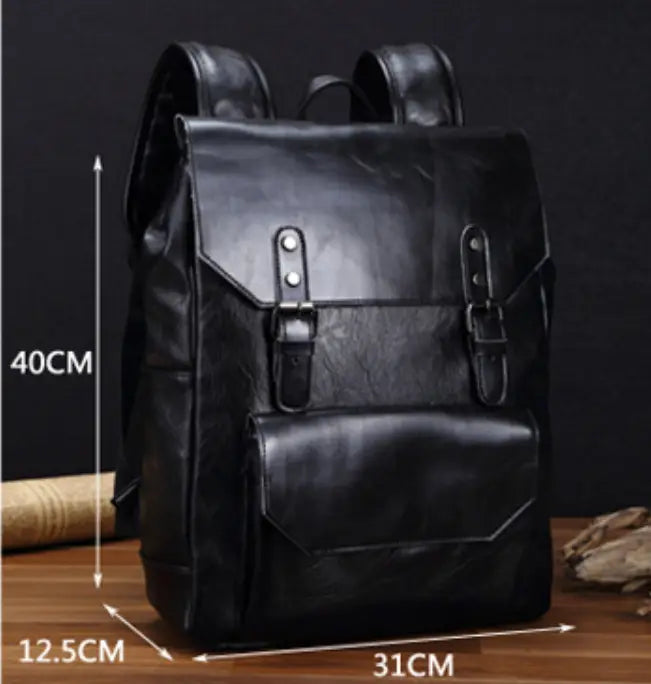 Black leather vintage design large capacity unisex backpack featuring two front buckles and flap closure.