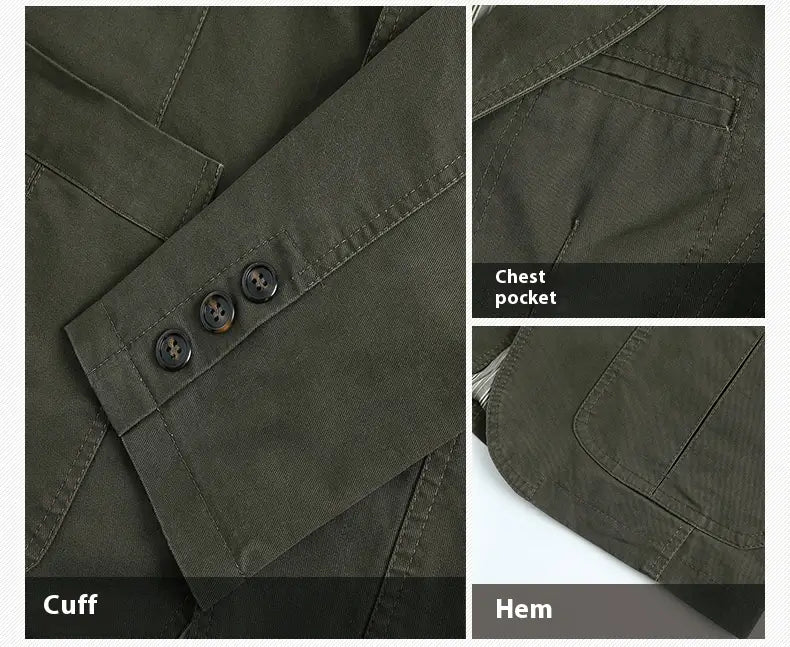 Herren-Übergrößen-Baumwoll-Freizeitblazer in Olivgrün mit drei dunklen Knöpfen an der Manschette und einer Brusttasche.