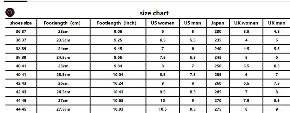 Size chart for Shark slippers quick dry non slip shower slides displaying measurements in various international shoe sizing systems.