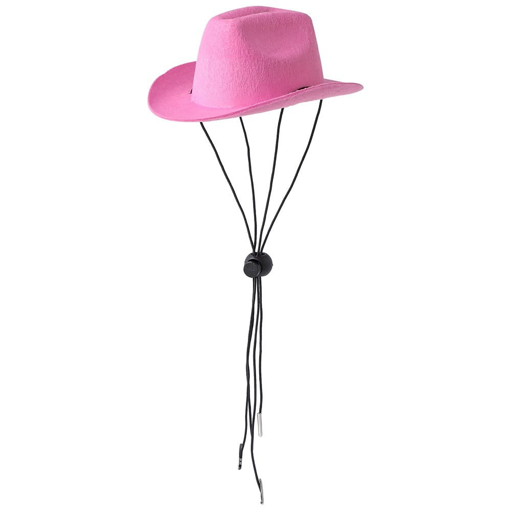 A vibrant pink felt pet cowboy hat with a black adjustable chin strap designed for dogs and cats.