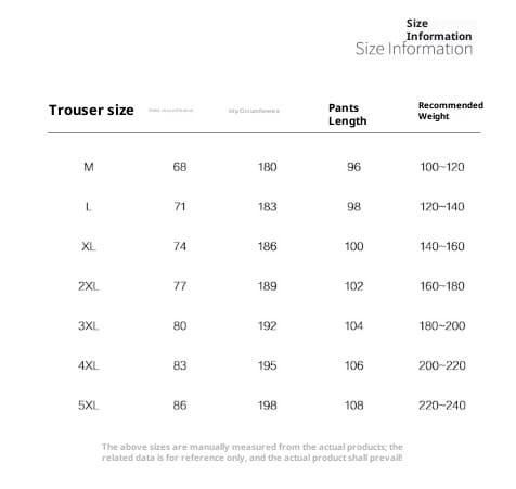 Tableau d’informations de taille pour les pantalons en velours côtelé à jambes larges pour hommes, présentant les mesures de pantalon et les poids recommandés par taille.