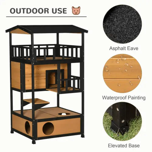 black and light brown wooden outdoor cat house with multi-level design, asphalt eave roof, waterproof painted surfaces, and elevated base for outdoor use