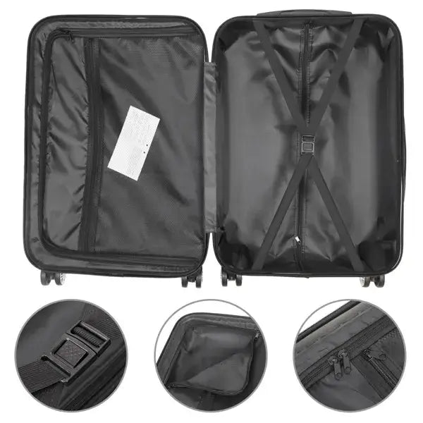 black hard shell suitcase from the white 3 piece hard shell spinner suitcase set featuring reinforced interior straps and multiple zippered compartments