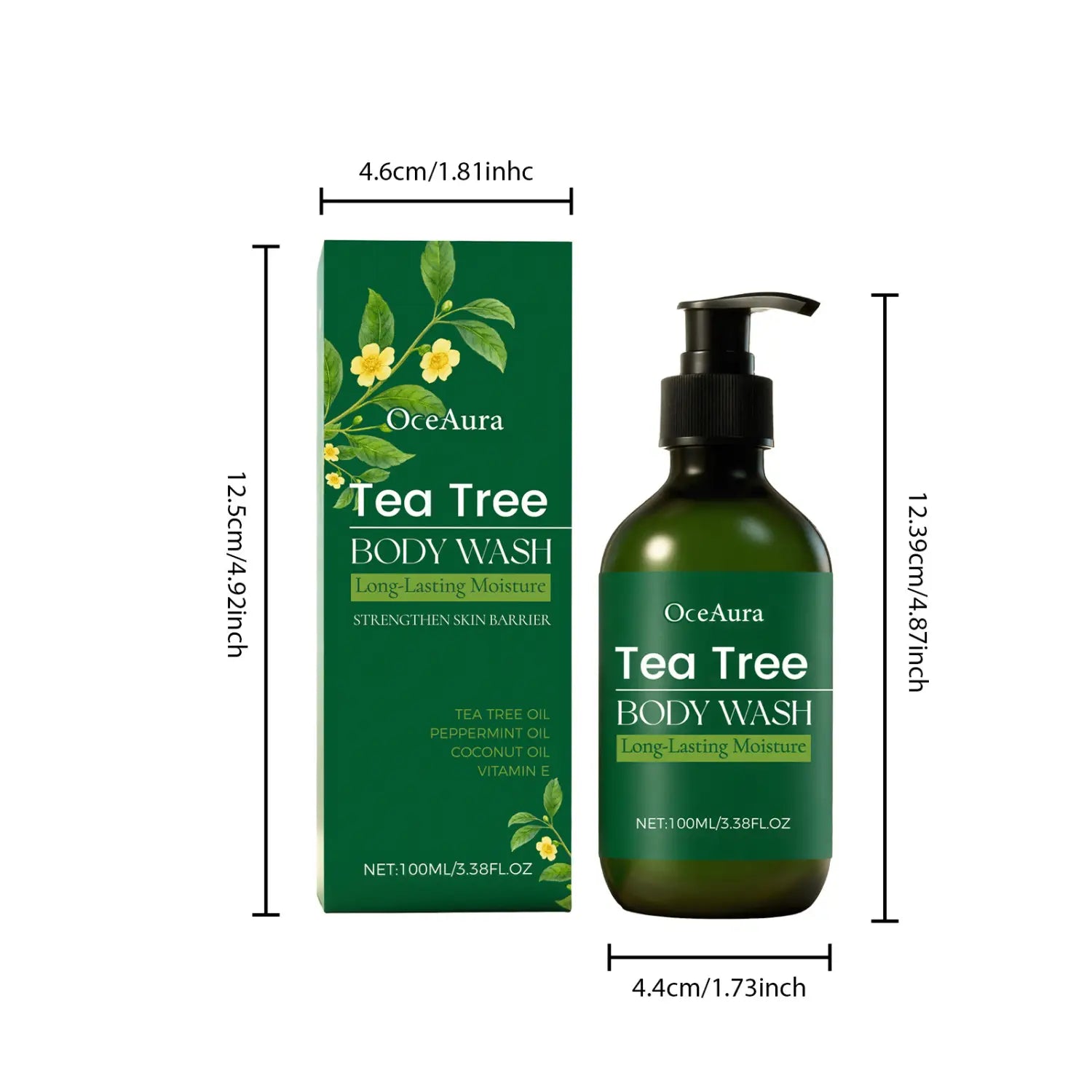 Oceaura tea tree body wash moisturizing skin cleanser in a dark green glass bottle with black pump dispenser and matching green cardboard box with yellow flowers and leaf designs 100ml.