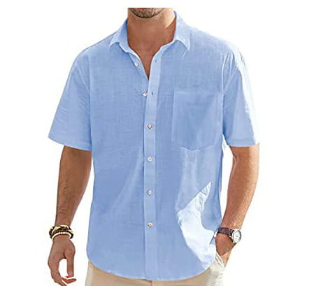 Hellblaues Herren-Cotton-Linen-Hemd mit kurzem Ärmel, mit Brusttasche und dezentem Strukturmuster.