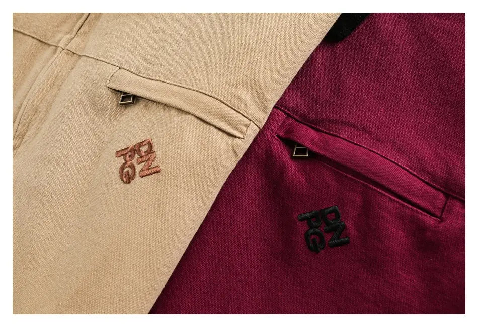 beige and maroon cargo pants with embroidered logo details on the front pockets paired with a retro washed Detroit jacket for men.