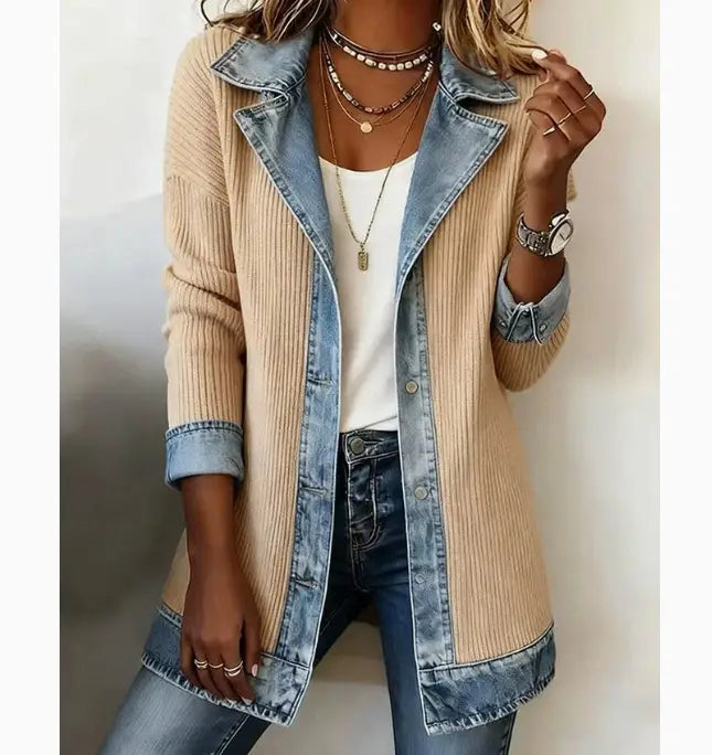 Beiger Rippstrick-Denim-Patchworkmantel mit Jeanskragen und -manschetten.