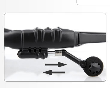 black plastic fishing rod handle with textured grip and adjustable reel seat shown alongside smart bluetooth audio sunglasses with HD camera and mic