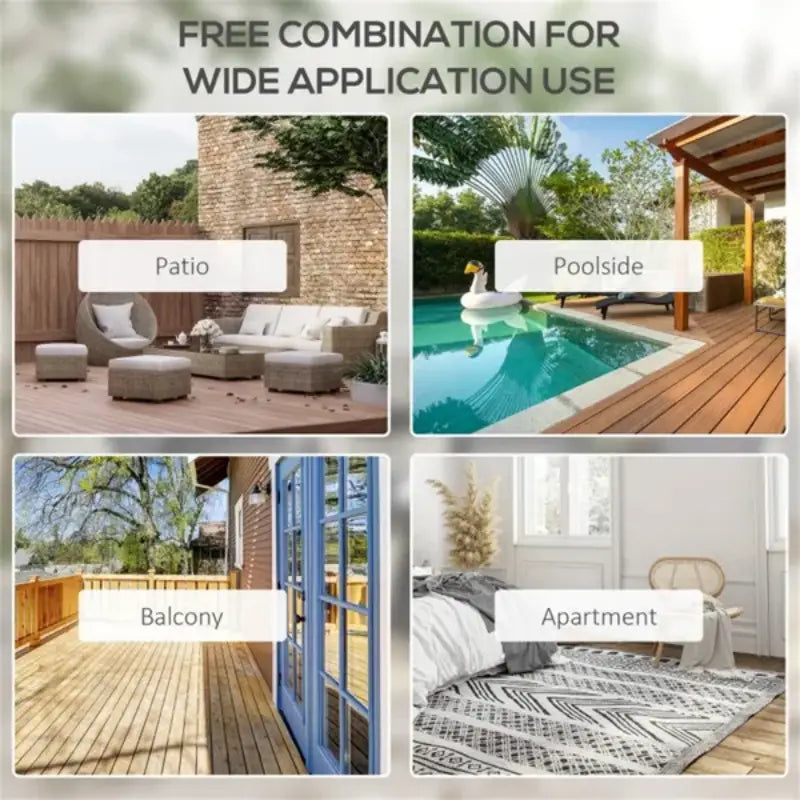 Chaises de patio pliantes d’extérieur, lot de 4, pour un aménagement de patio avec assises en maille, présentées dans quatre configurations distinctes, notamment sur une terrasse, au bord de la piscine, sur un balcon et dans un appartement.