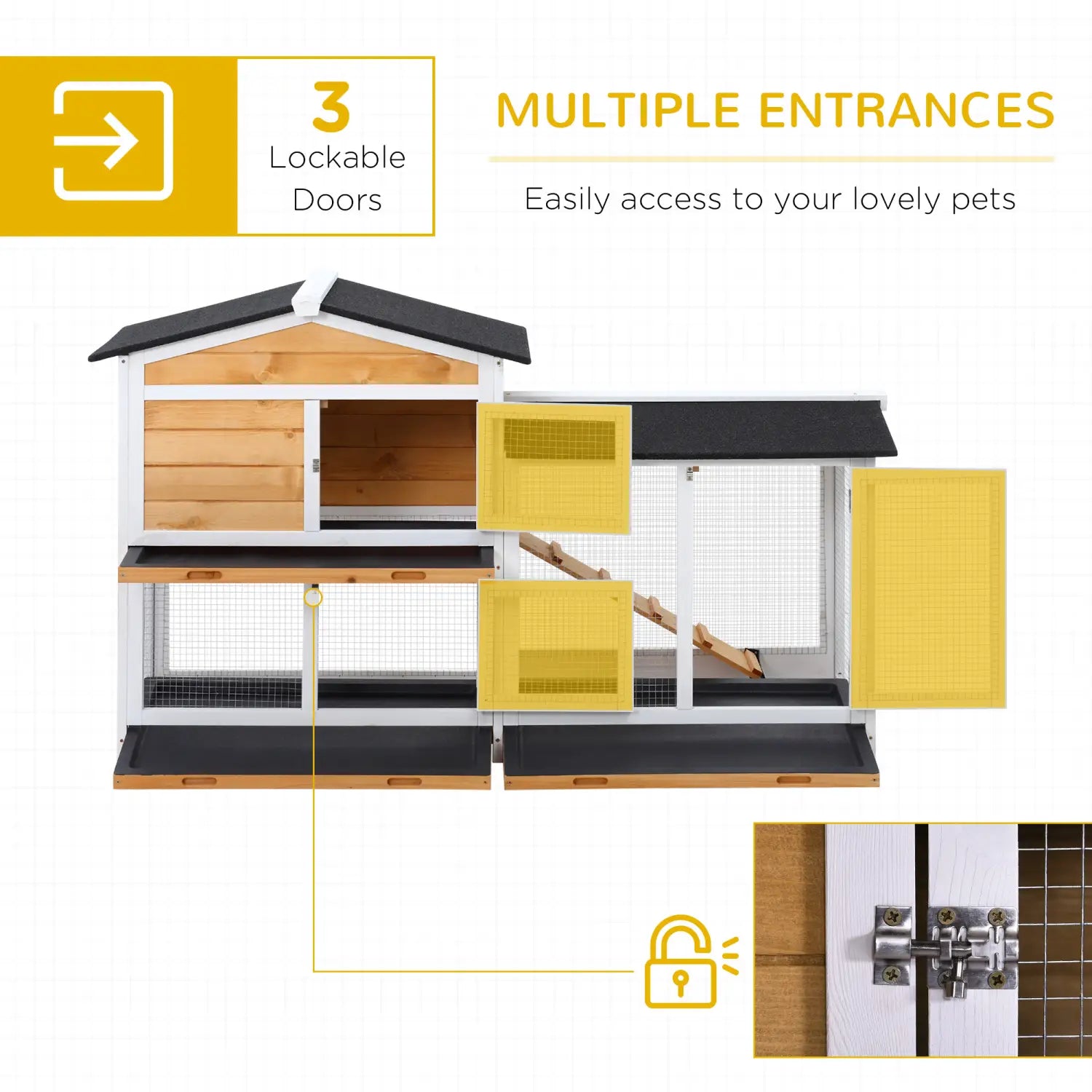 Enclos à lapins à deux étages en bois et en fil métallique bicolores, avec rampe, comprenant trois portes verrouillables, un toit noir et des panneaux de ventilation jaunes.