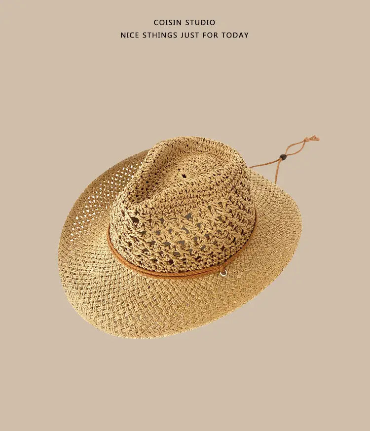 Beige woven straw cowboy hat for men featuring a crocheted lace band and tan leather trim.
