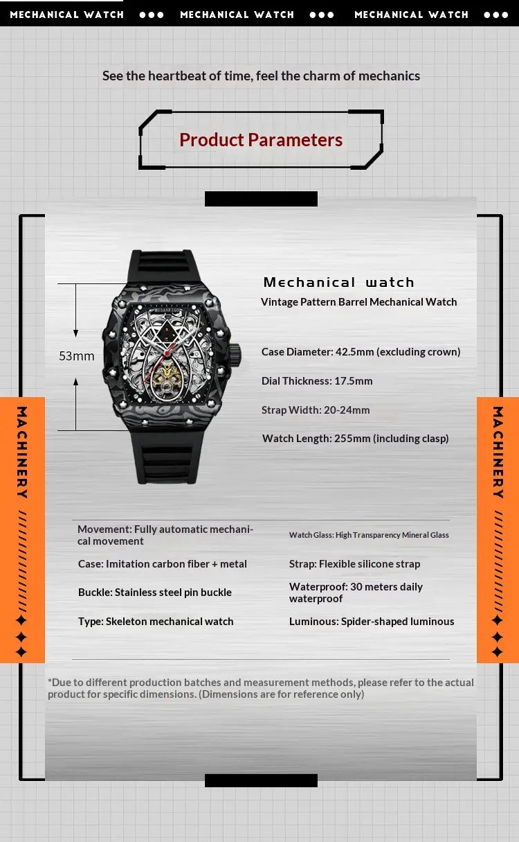 Men’s barrel skeleton automatic mechanical sport watch with a black skeleton dial, transparent mineral glass face, imitation carbon fiber and metal case, flexible silicone strap, and spider-shaped luminous hands.
