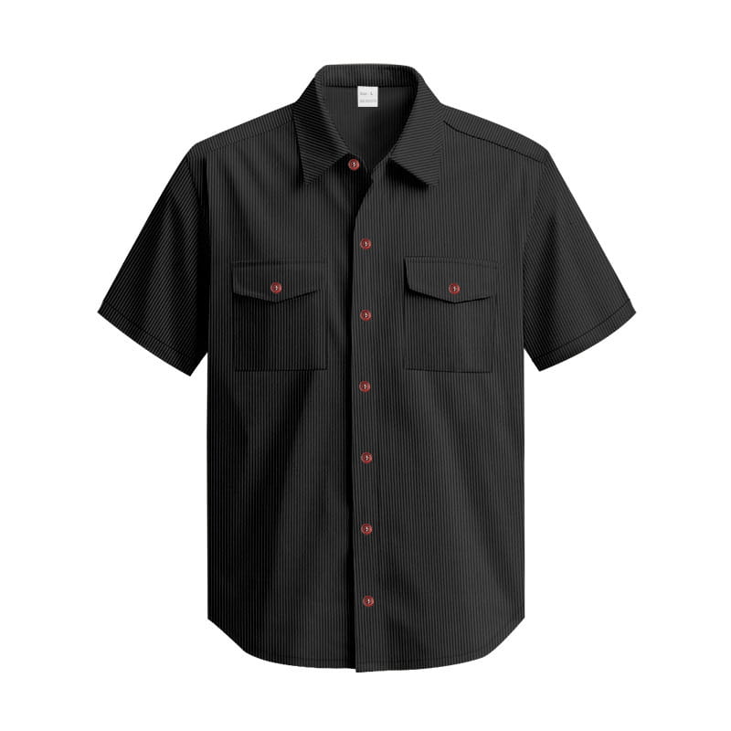 Black loose corduroy short sleeve workwear shirt with fine vertical pinstripes and red buttons.