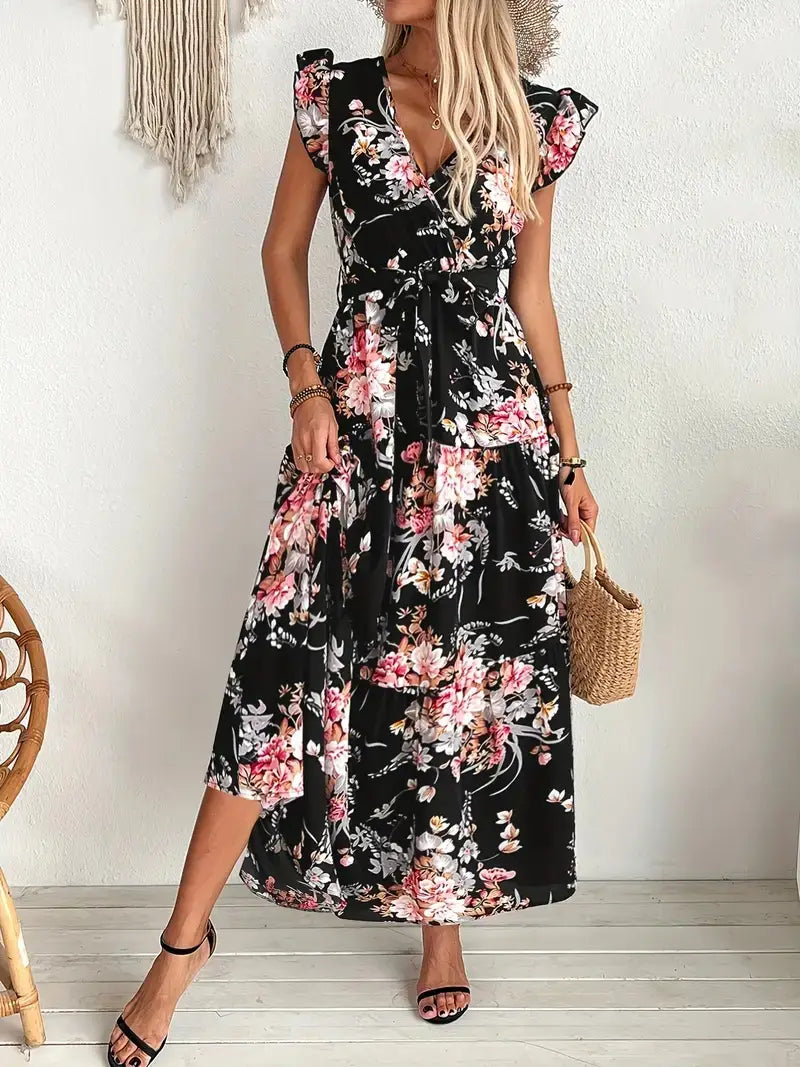 Robe longue maxi noire imprimée florale à effet portefeuille, ornée de fleurs roses et blanches, avec des manches courtes bouffantes à volants et une ceinture à nouer à la taille.