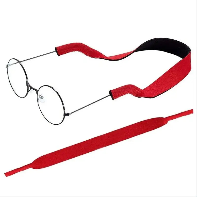 red fabric glasses strap with black inner lining designed to secure round-framed eyeglasses from a 4-pack adjustable sports sunglasses straps and eyewear lanyards set