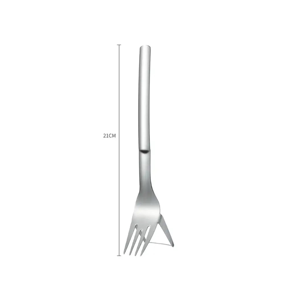 une élégante fourchette-slicer à pastèque en acier inoxydable de 21 cm de long, au design moderne, avec quatre dents régulièrement espacées pour une découpe et un service efficaces.