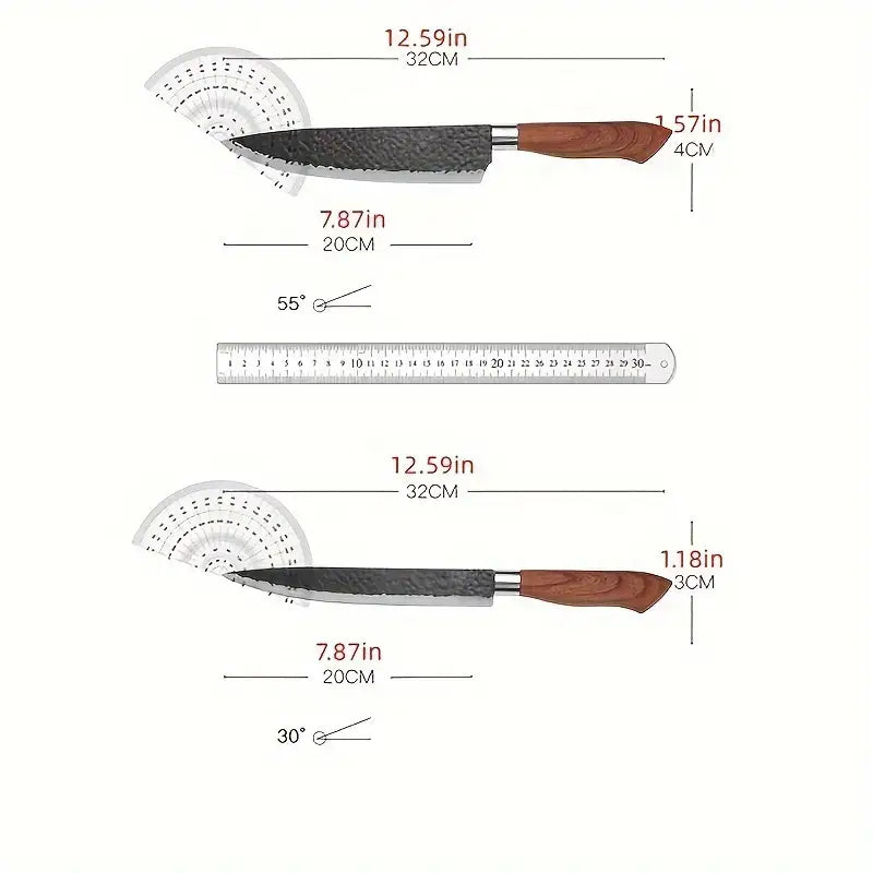 A chef’s knife from the 6 piece hammered steel kitchen knife set featuring a dark hammered steel blade and a warm brown wooden handle.