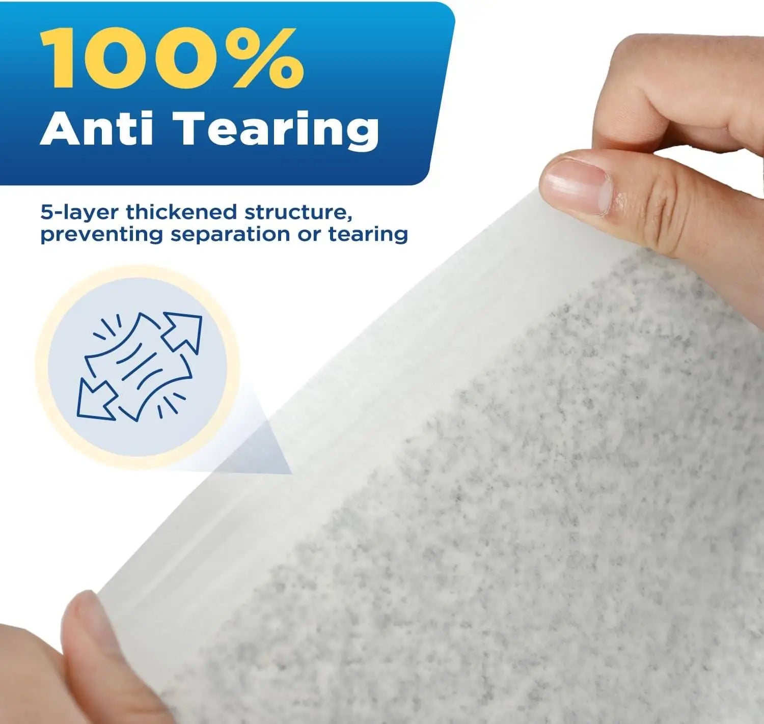 a white textured 5-layer thickened material designed to prevent tearing in charcoal pet training pads 50-pack