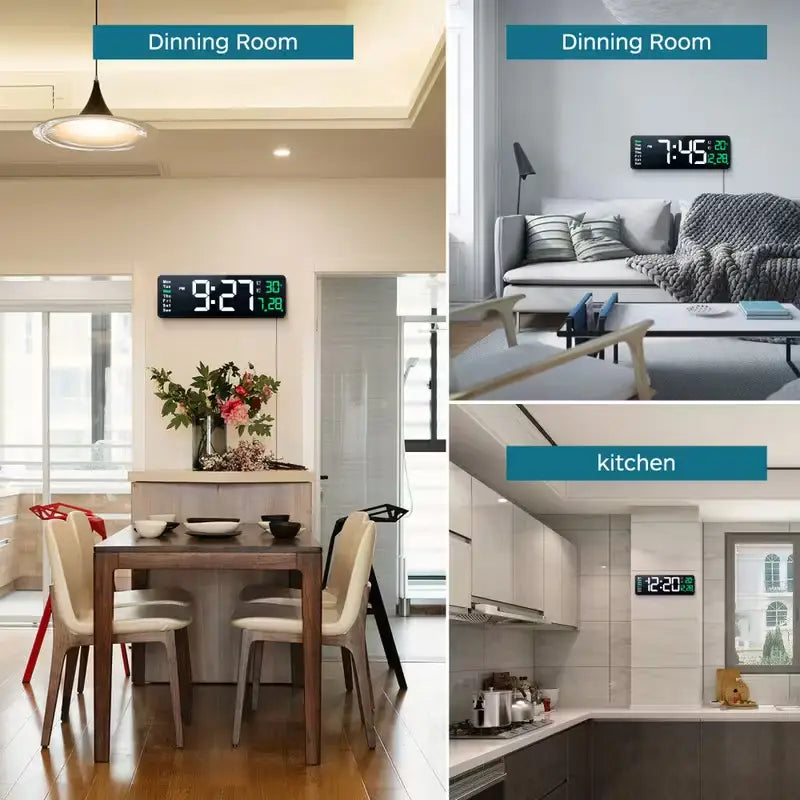 Black rectangular 16 inch digital LED wall clock with green LED display showing time and temperature featuring remote control and dimmer function.