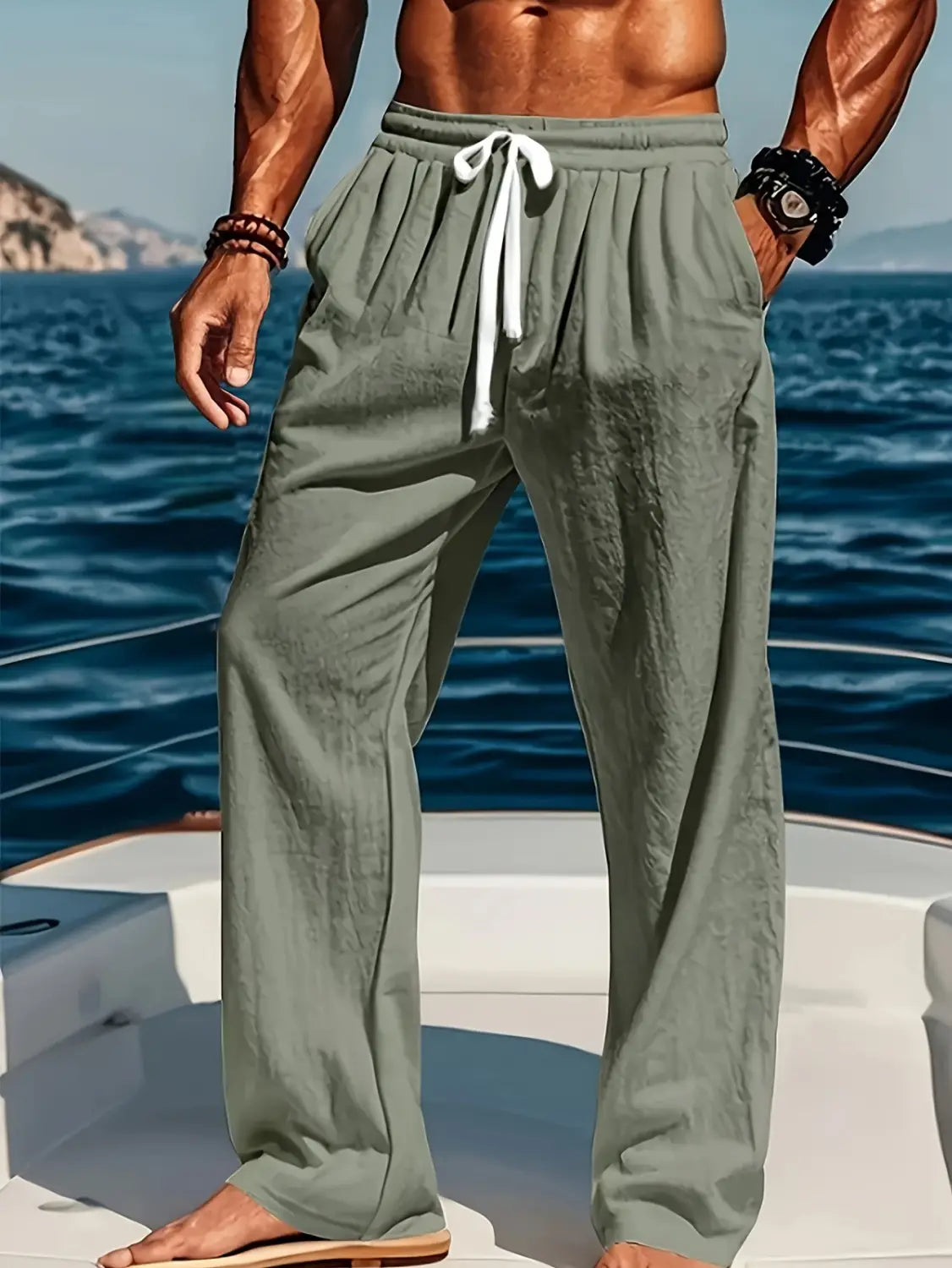Pantalon décontracté en lin vert olive pour hommes, avec une ceinture à cordon de serrage blanc et une coupe ample, conçue pour être portée confortablement