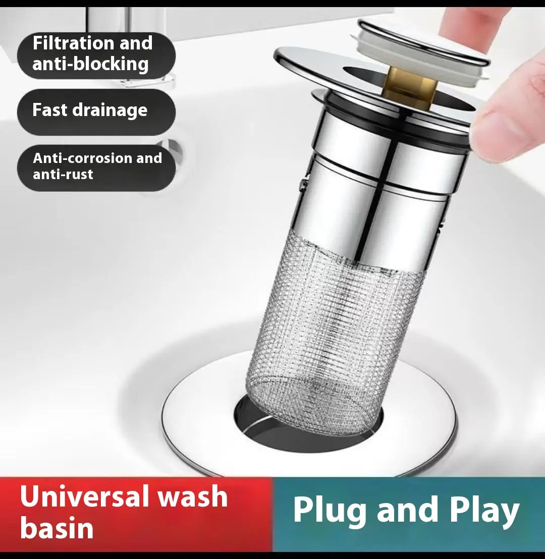 A sleek chrome finished universal wash basin drain filter with a sus304 mesh filter and snap on cap.