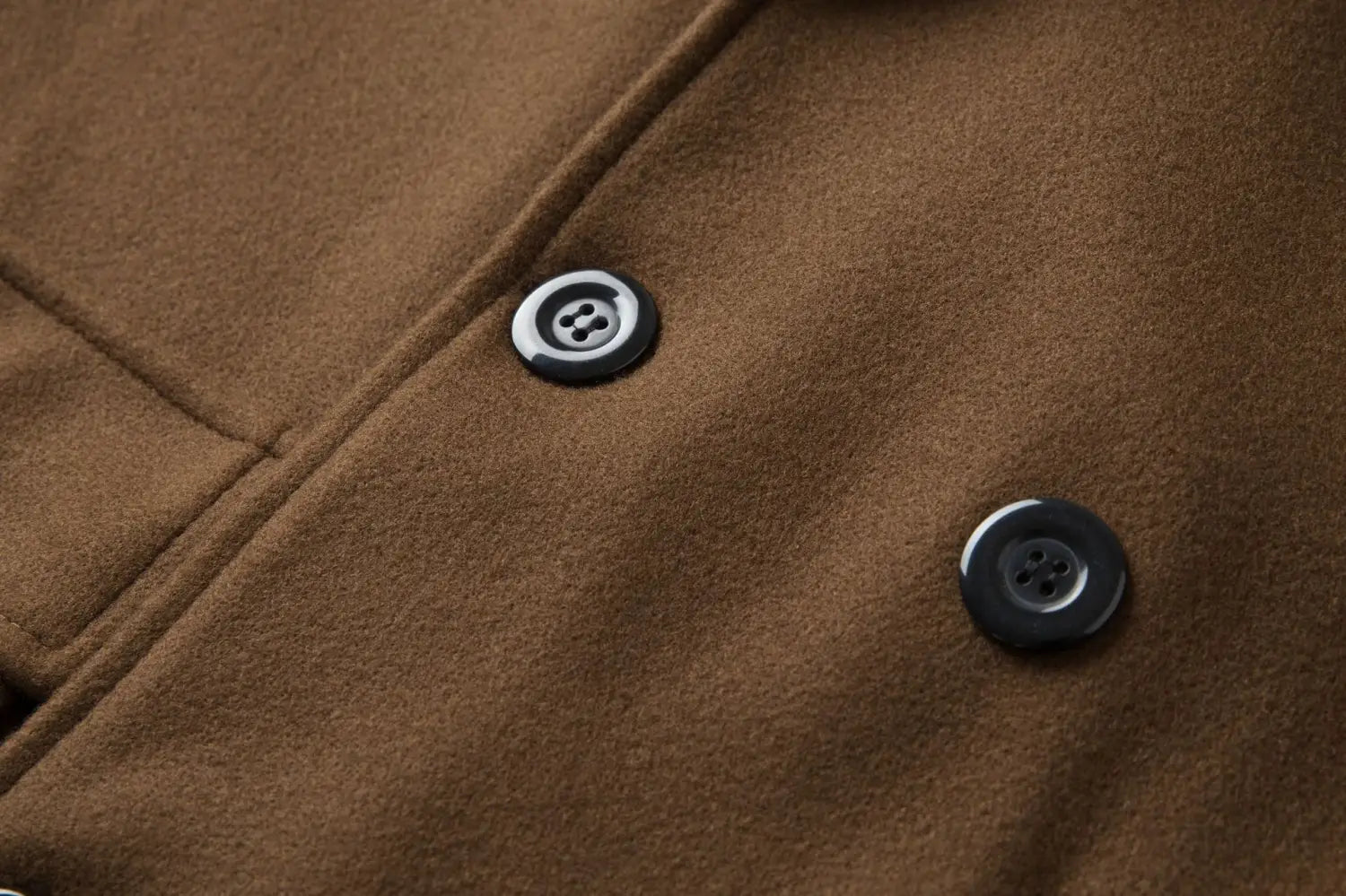 Men double breasted brown wool overcoat mid length coat with black buttons featuring a silver toned metallic rim.