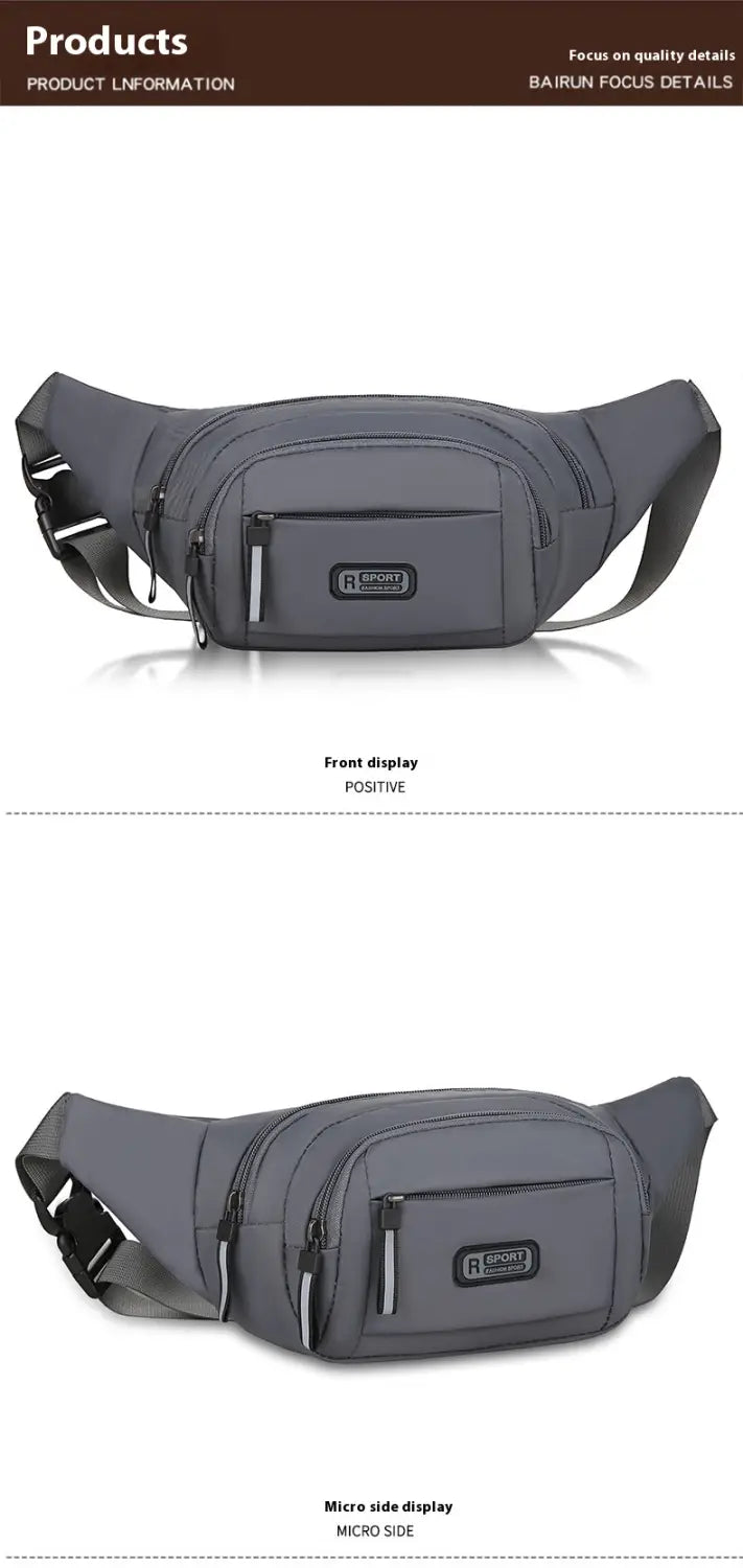 Gray waterproof nylon men’s multifunctional tactical waist pack with multiple zippered compartments and branded front patch.