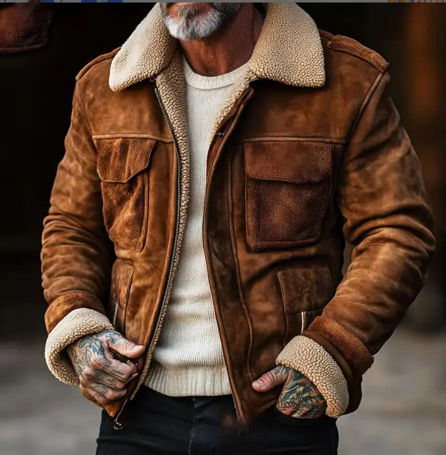 mens shearling lapel zip jacket in brown featuring brown suede material with cream-colored fleece lining and cuffs.