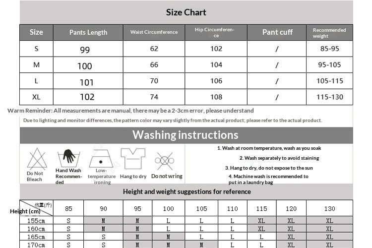 Guide des tailles pour le pantalon ample en lin blanc à jambes larges, avec mesures détaillées et instructions d’entretien.