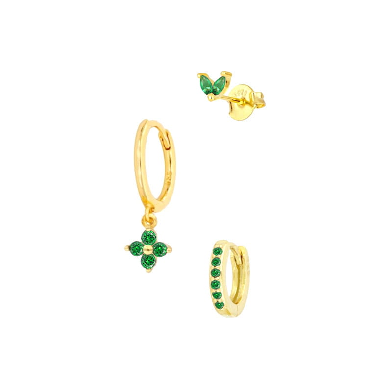 gold hoop earrings adorned with vibrant green gemstones featuring a floral and butterfly design in gold