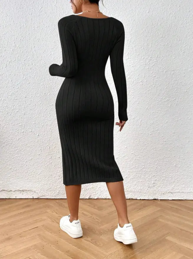 black ribbed knit long-sleeve midi dress with square neck and side slit made of ribbed knit fabric suitable for elegant occasions