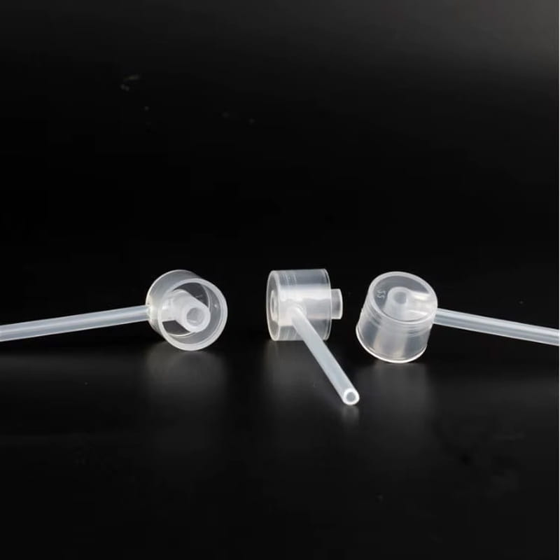 clear plastic spray nozzle caps with attached tubes for essential oil dispenser tool set 3pcs mini funnels made from transparent plastic for precise dispensing.