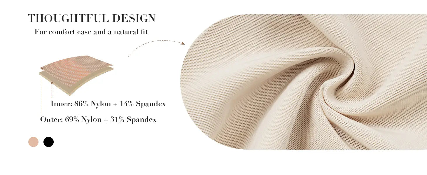 Tejido beige con textura, de trama suave y elástica, elaborado con nailon y elastano, utilizado en la faja colombiana de control del abdomen, modelador corporal.