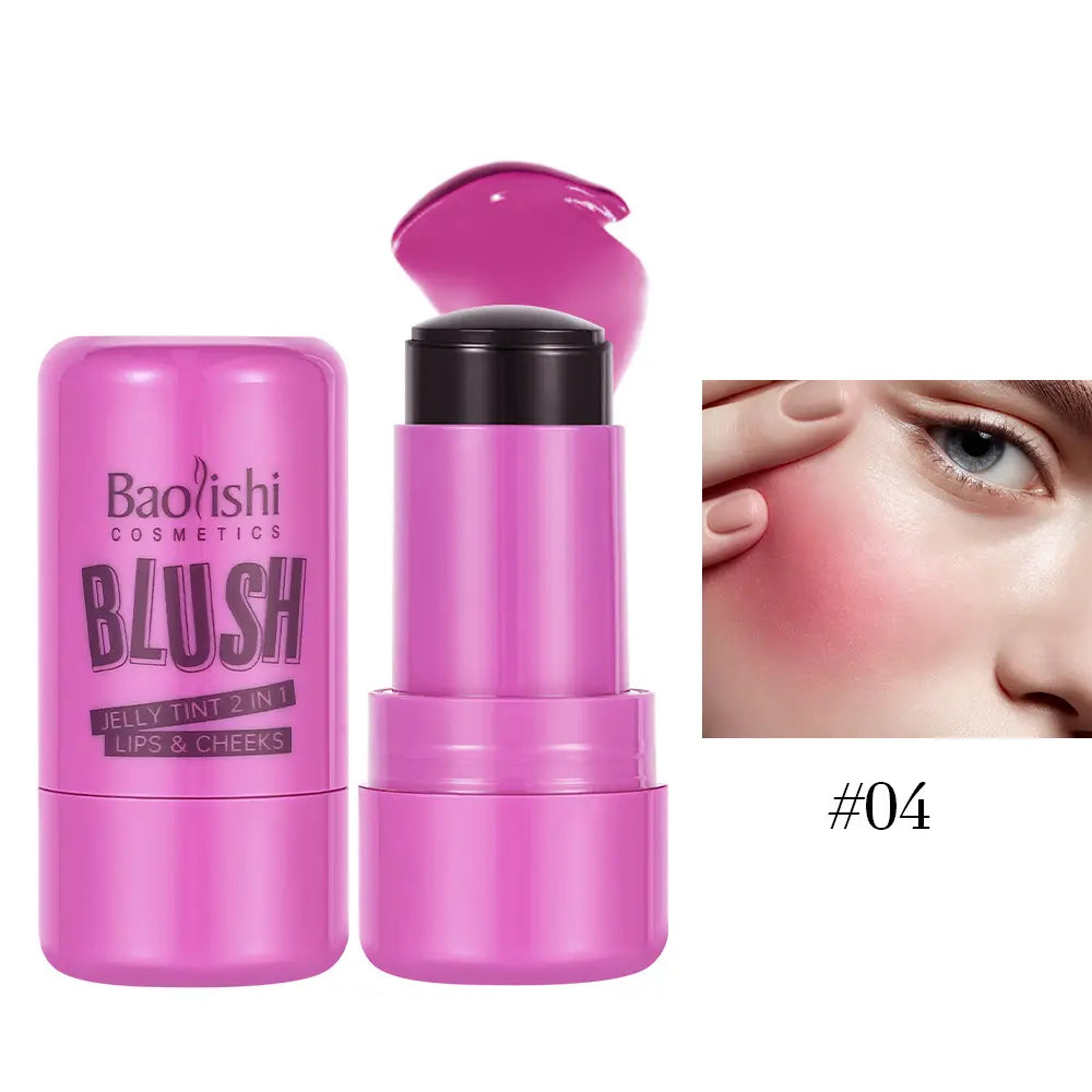 Pink baoishi cosmetics jelly blush stick shimmer lip and cheek tint 26.5g labeled as 04 designed for lips and cheeks.