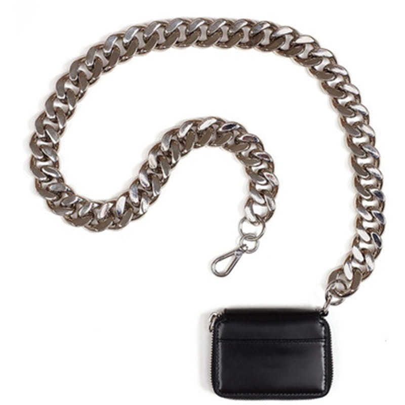 A sleek black leather mini waist bag featuring a chunky silver-toned chain strap.