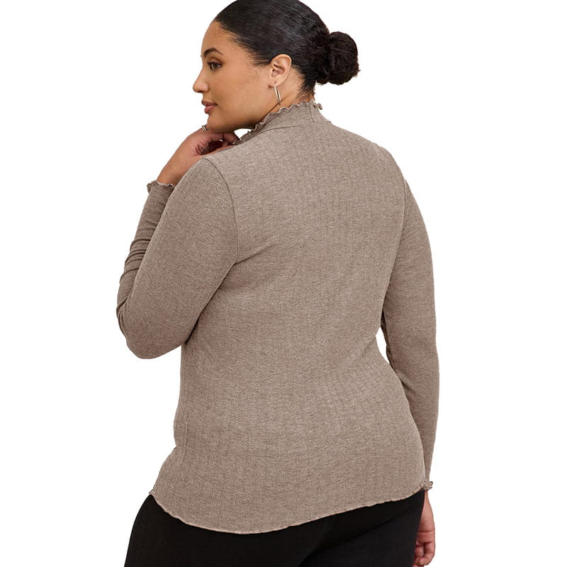 beige textured knit long-sleeve top with a high collar and slim fit ruffled ribbed design for women