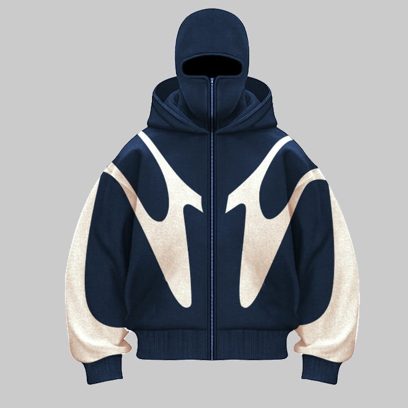 Veste zippée à capuche en bleu marine et de couleur crème, avec graphisme de flamme, cagoule et masque pour le visage de style cagoule, ainsi que des graphismes de flamme audacieux sur la poitrine.