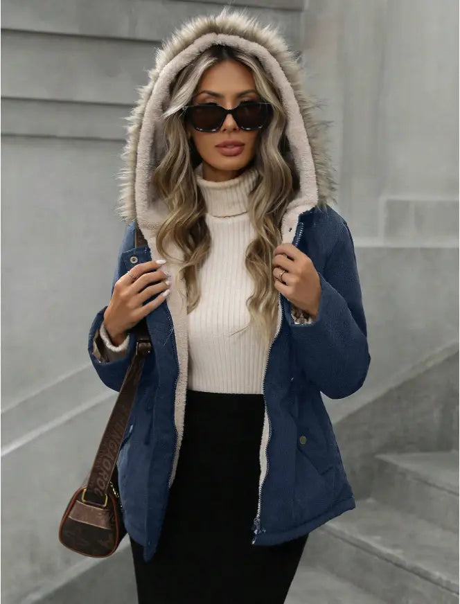 Navy blue winter parka with a blue hood featuring plush light brown faux fur trim and a cozy white shearling lining.